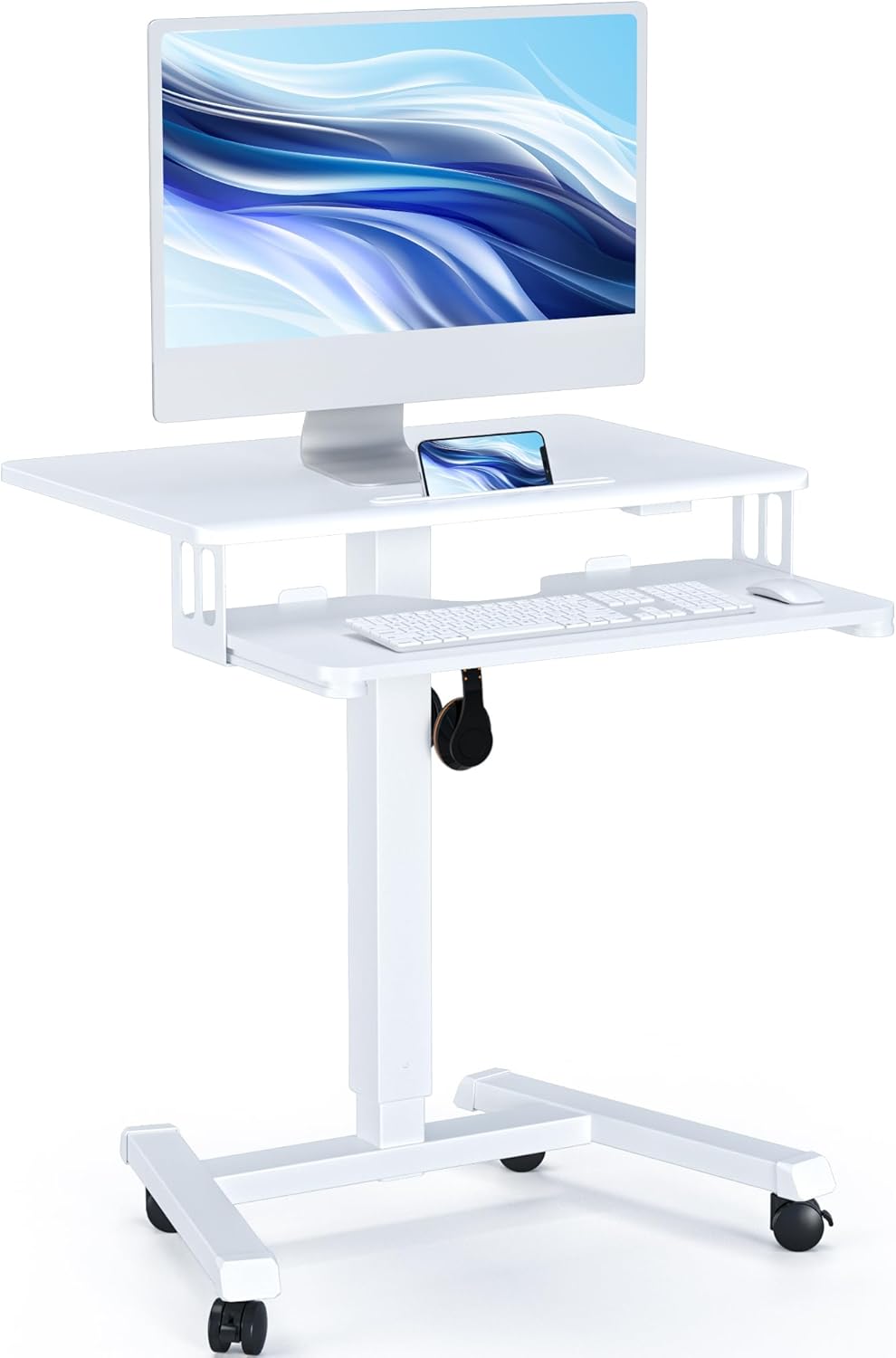 BONTEC Mobile Standing Desk with Keyboard Tray, Mobile Podium, Computer Workstation Up to 33lbs, Laptop Sit or Stand Desk on Wheels, Height Adjustable Stand Up Table for Living Room, Bedroom, White BONTEC Mobile Standing Desk with Keyboard Tray, Mobile Podium, Computer Workstation Up to 33lbs, Laptop Sit or Stand Desk on Wheels, Height Adjustable Stand Up Table for Living Room, Bedroom, White