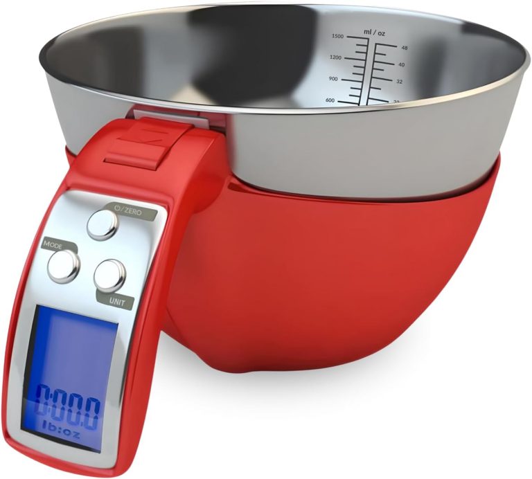 Fradel Digital Kitchen Food Scale & Mixing Bowl – Measuring Cup Scale in Grams & Ounces for Cooking, Baking, Diet, Gifting – Stainless Steel, Dishwasher-Safe Removable Bowl – 11lb Capacity – Red