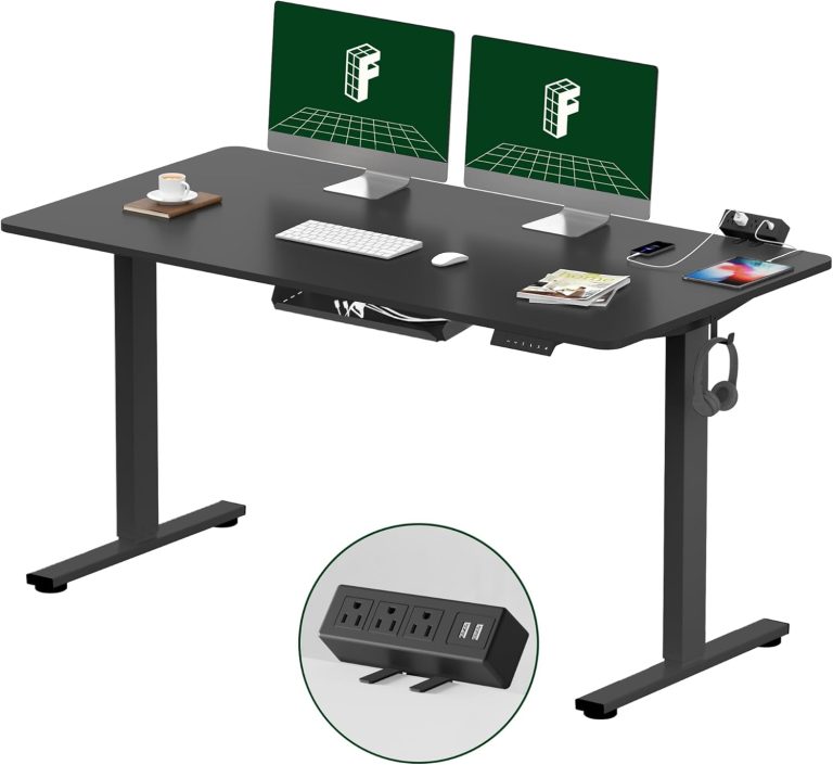 FLEXISPOT EN2 Whole-Piece Standing Desk with Clamp Power Strip, 55 x 28” Electric Stand Up Height Adjustable Desk with Cable Management (Black Frame + 55″ Black Top, 2 Packages)