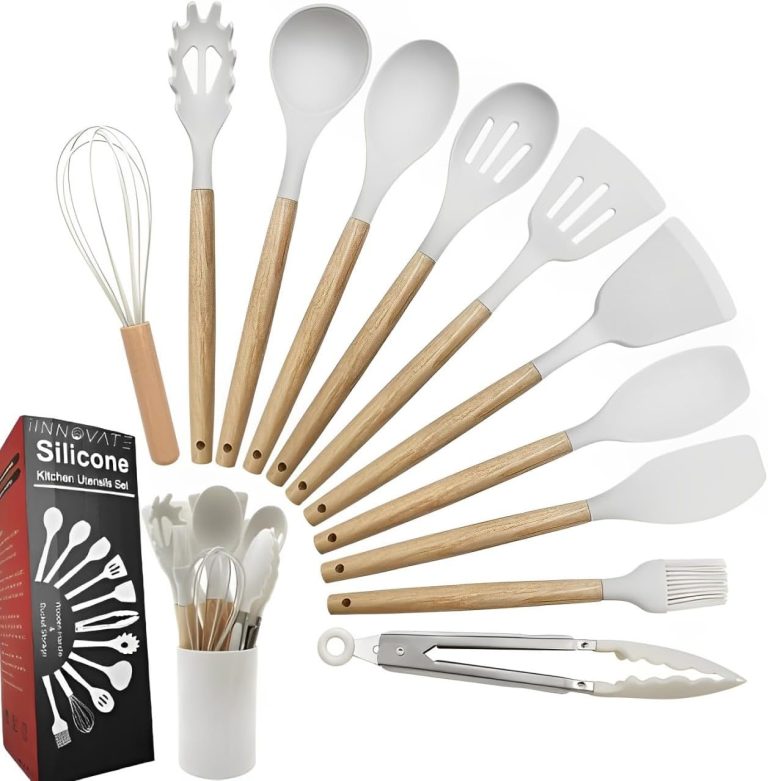 Kitchen Utensils Set of 12, Silicone Cooking Utensils with Non-Slip Wooden Handle and Organizer Bucket, 446°F Heat Resistant Cookware Utensils Set (Cream White) 990G Heavy Duty Silicon