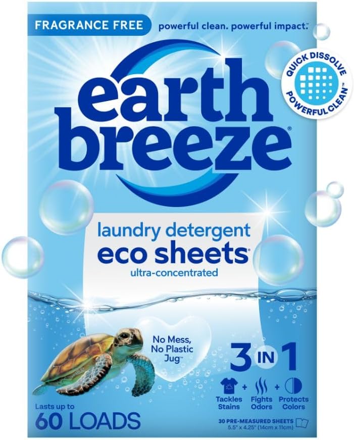 Earth Breeze Laundry Detergent Sheets – 30 Detergent Sheets – 60 Loads – Concentrated Liquidless Laundry Soap – No Plastic Jug – Fragrance-Free