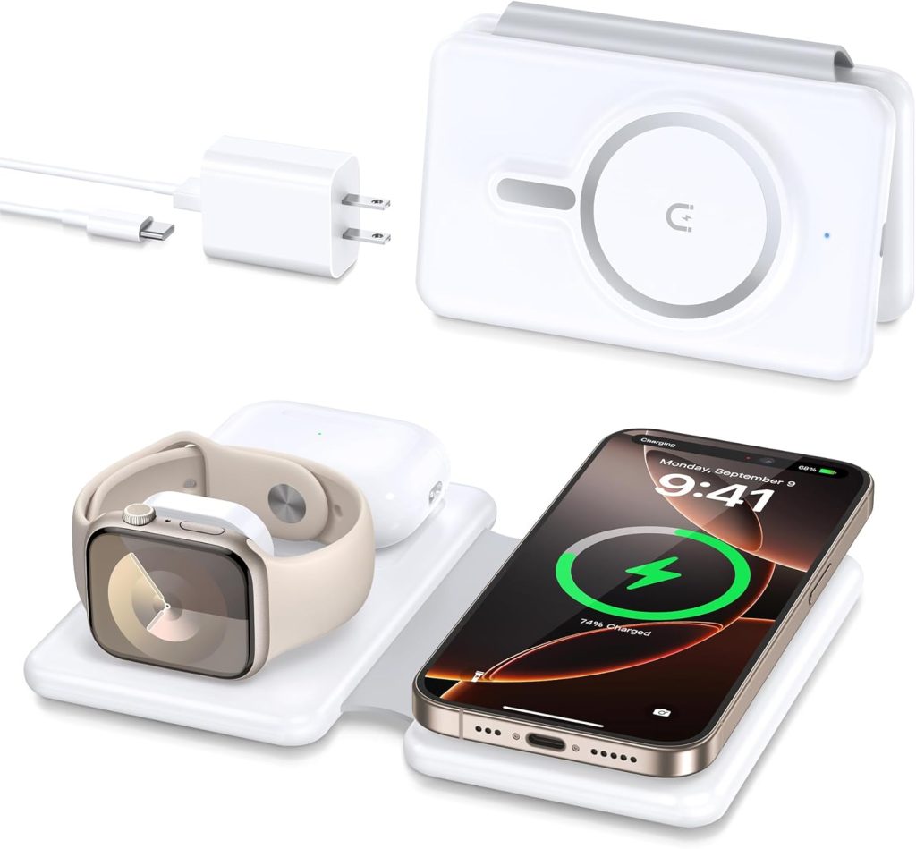 Magnetic Wireless Charger for iPhone: 3 in 1 Travel Charging Station for Apple Devices for iPhone 16 15 14 13 12 Pro Max Plus – Foldable Charging Pad for Apple Watch Series & Airpods 3 2 Pro Magnetic Wireless Charger for iPhone: 3 in 1 Travel Charging Station for Apple Devices for iPhone 16 15 14 13 12 Pro Max Plus – Foldable Charging Pad for Apple Watch Series & Airpods 3 2 Pro