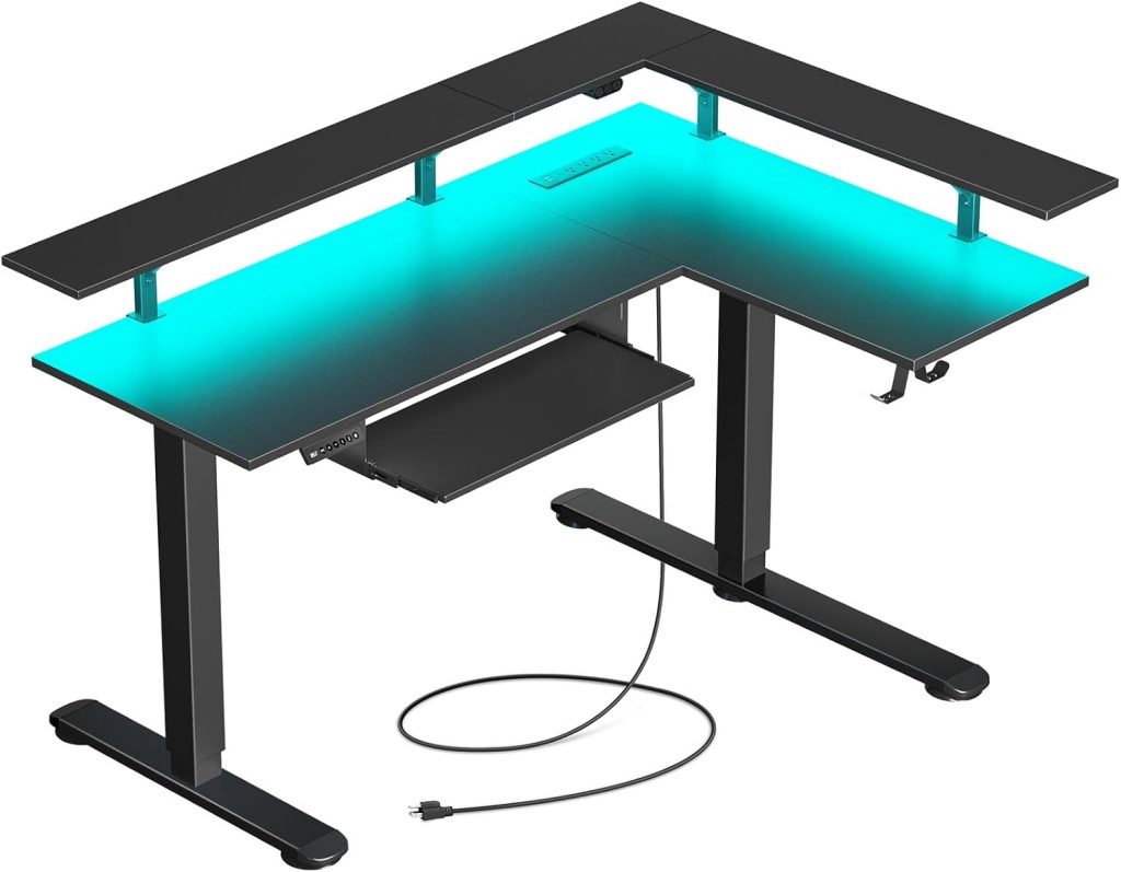 Rolanstar L Shaped Standing Desk with LED Light and Power Outlet, Dual Motor Height Adjustable Electric Standing Desk with Monitor Stand & Keyboard Tray, 61.2″ Sit Stand Desk Black Rolanstar L Shaped Standing Desk with LED Light and Power Outlet, Dual Motor Height Adjustable Electric Standing Desk with Monitor Stand & Keyboard Tray, 61.2″ Sit Stand Desk Black