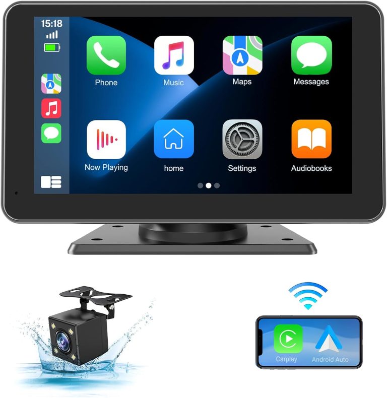 Wireless Apple Carplay Screen for Car, 7″ HD Touchscreen with Portable Apple Carplay & Android Auto Car Stereo with Backup Camera, GPS Navigation/Mirror Link/Voice Control/Bluetooth