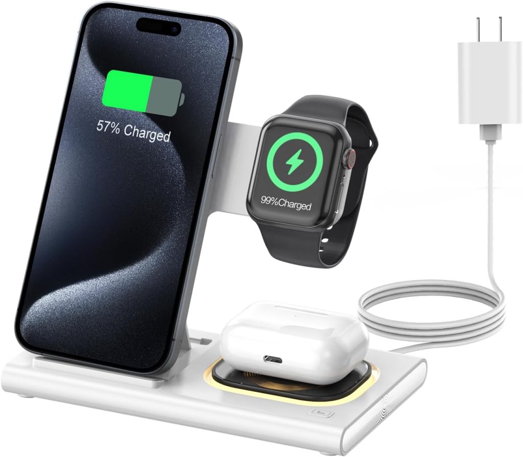 3 in 1 Foldable Charging Station for Apple Products,Fast Wireless Charger Travel Dock Adapter&Light for iPhone 16/15/14/13/12/11/X/XS,for iWatch 10/9/8/7/Ultra2/Ultra/SE,for AirPods 4/3/2/Pro/2(White) 3 in 1 Foldable Charging Station for Apple Products,Fast Wireless Charger Travel Dock Adapter&Light for iPhone 16/15/14/13/12/11/X/XS,for iWatch 10/9/8/7/Ultra2/Ultra/SE,for AirPods 4/3/2/Pro/2(White)