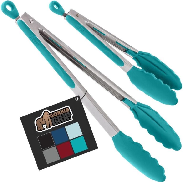 Gorilla Grip Stainless Steel Heat Resistant Kitchen Tongs for Cooking, 9 + 12 Inch, Set of 2 BBQ Tong, Non Scratch Silicone Tip for Pan, Strong Grip, Grab Food, Salad, Air Fryer, Pull Lock, Turquoise