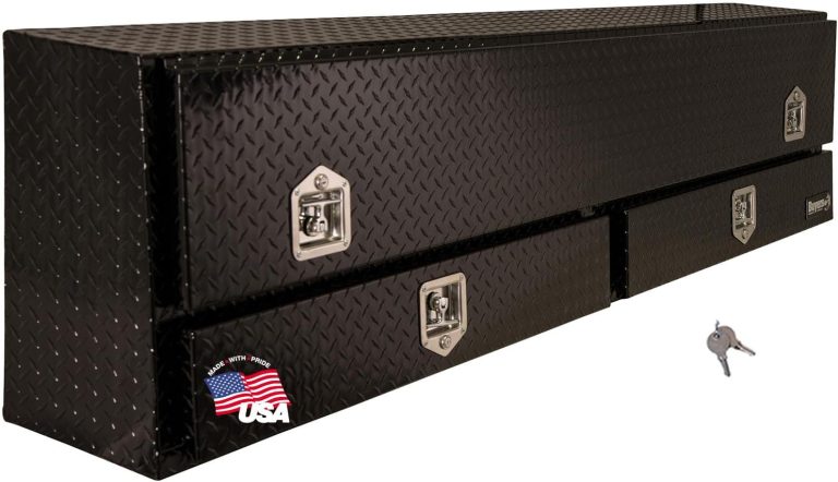 Buyers Products 1725651 Black Aluminum Diamond Tread Contractor Truck Box With Lockable T-Handle Latch And Two Lower Drawers, 88 x 21 x 13.5 Inch, Truck Tool Box For Storage And Organization