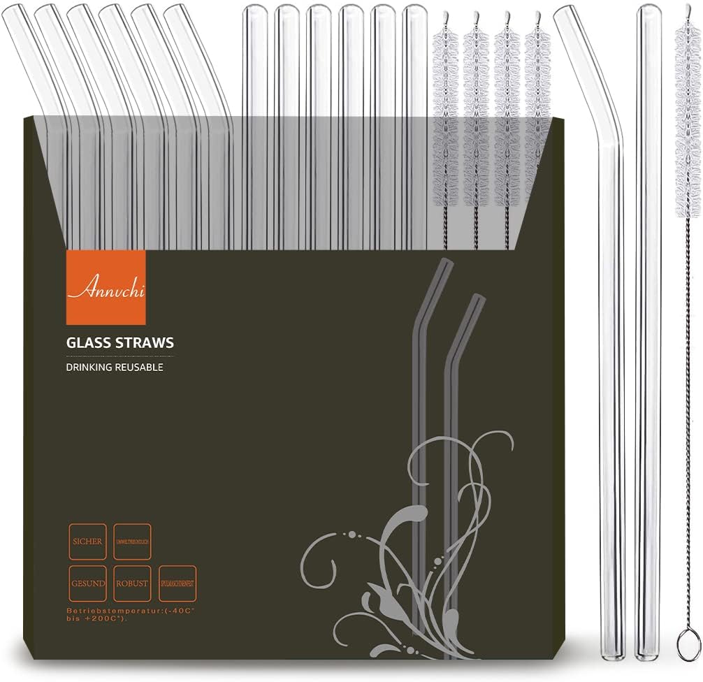 16 Pack Reusable Glass Straws,Set of 6 Straight and 6 Bent with 4 Cleaning Brush,Perfect for Smoothies,Tea, Juice, Milkshakes(8.5”x10 MM) 16 Pack Reusable Glass Straws,Set of 6 Straight and 6 Bent with 4 Cleaning Brush,Perfect for Smoothies,Tea, Juice, Milkshakes(8.5”x10 MM)