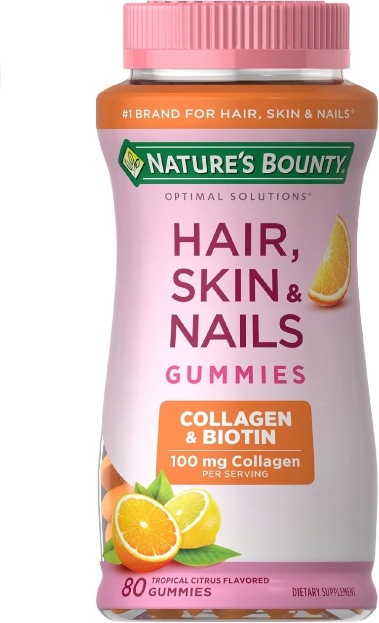 Nature’s Bounty Optimal Solutions Hair, Skin & Nails with Biotin and Collagen, Citrus-Flavored Gummies Vitamin Supplement, 2500 mcg, 80 Ct
