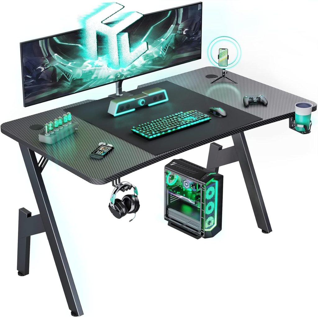 HLDIRECT 47 Inch Gaming Desk with Carbon Fibre Surface, Large Computer Desk Gaming Table, Ergonomic Pc Gaming Workstation Home Office Desks with Cup Holder & Headphone Hook HLDIRECT 47 Inch Gaming Desk with Carbon Fibre Surface, Large Computer Desk Gaming Table, Ergonomic Pc Gaming Workstation Home Office Desks with Cup Holder & Headphone Hook