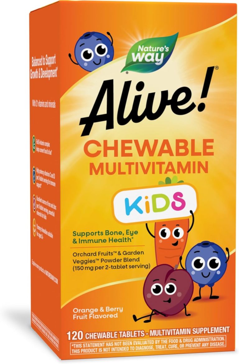 Nature’s Way Alive! Children’s Daily Chewable Multivitamin, Supports Bone, Eye, and Immune Health*, Orange & Berry Fruit Flavored, Gluten Free, 120 Chewable Tablets (Packaging May Vary)