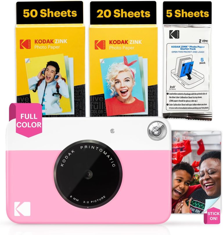KODAK Printomatic Full-Color Instant Print Digital Camera – 75 Sheets Bundle – Prints On Zink 2×3 Sticky-Back Photo Paper – 5MP, Portable, Creative Fun Gift for Birthday, Christmas, Holiday – Pink