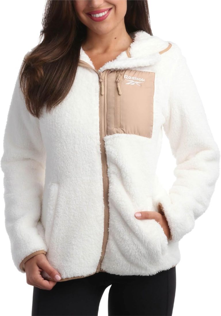 Reebok Women’s Fleece Sweatshirt Jacket – Full Zip Sherpa Fur Hooded Jacket – Lightweight Teddy Coat for Women (S-XL)