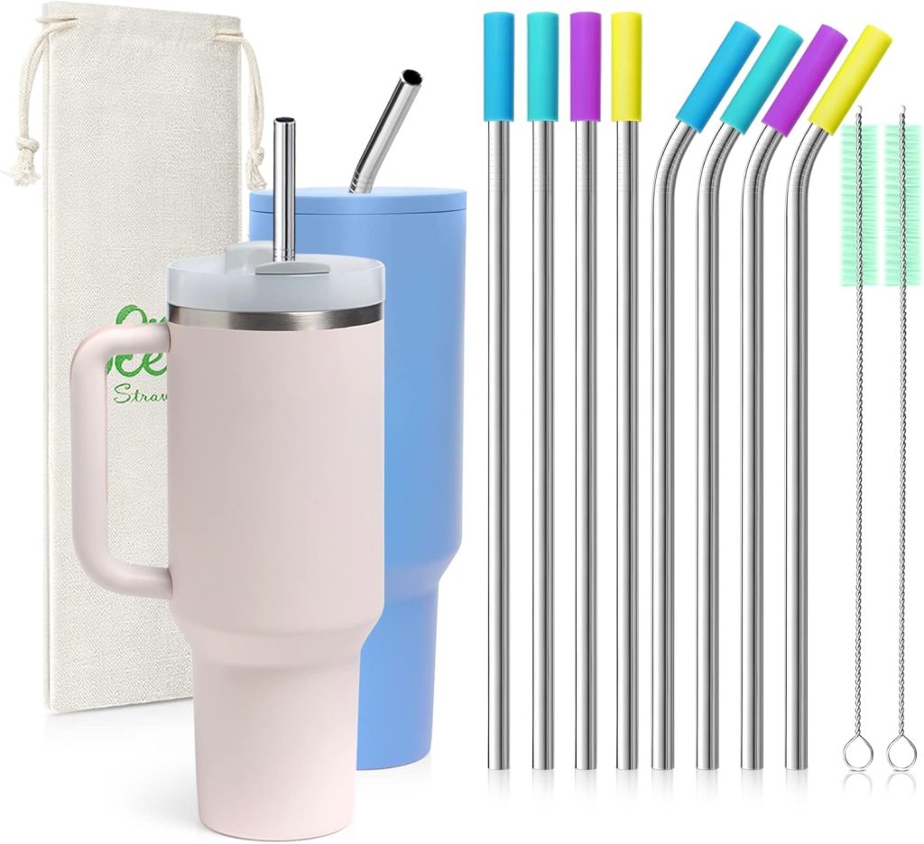 Teivio 8 Piece 5/16 inch (8mm) Wide Stainless Steel Straws for 40 oz Tumbler with Handle, 12 Inch Long Reusable Metal Drinking Straws, Replacement Straws with Silicone Tips & Cleaning Brush, Silver