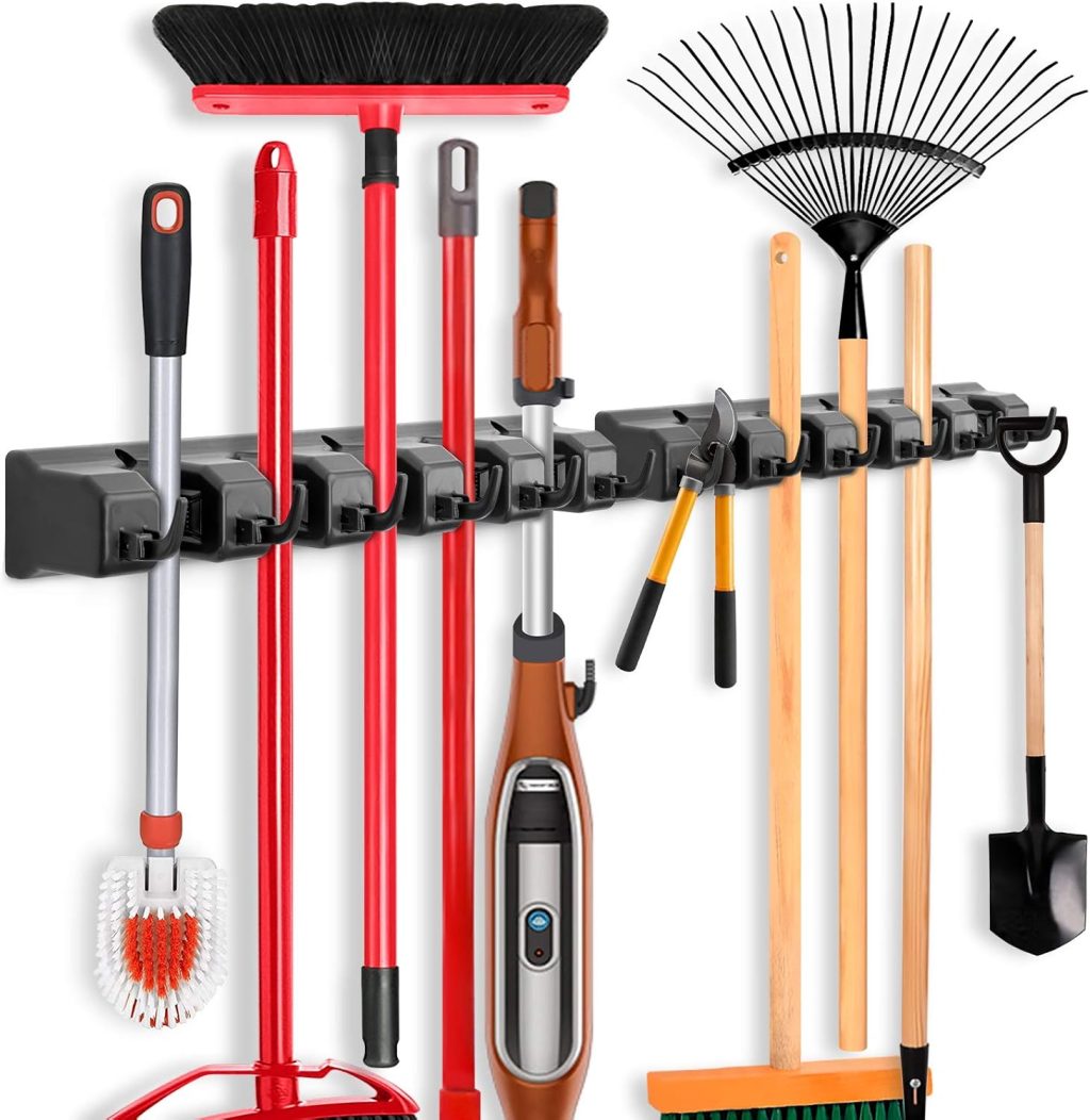 IMILLET 2 Pack Mop and Broom Holder, Wall Mounted Organizer Mop and Broom Storage Tool Rack with 5 Ball Slots and 6 Hooks (Black) IMILLET 2 Pack Mop and Broom Holder, Wall Mounted Organizer Mop and Broom Storage Tool Rack with 5 Ball Slots and 6 Hooks (Black)