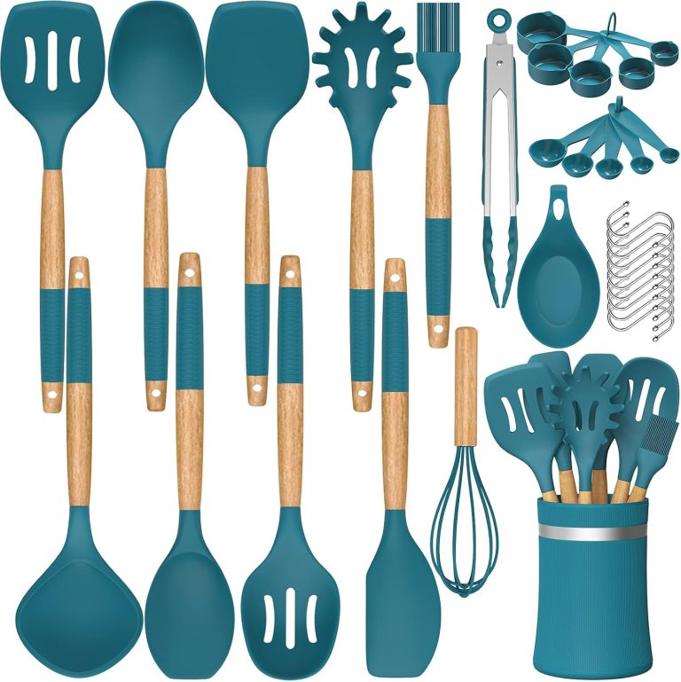 33 PCS Silicone Kitchen Utensils Set, Umite Chef Heat Resistant Cooking Utensils Set With Holder, Wooden Handle Kitchen Gadgets Tools Spatula Set for Nonstick Cookware(BPA Free & Blue)