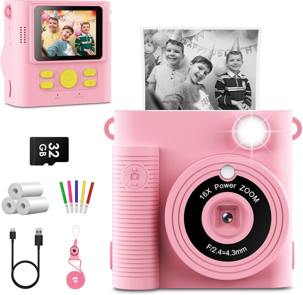 Kids Camera Instant Print, Christmas Birthday Gifts for Toddle Girls Boys, 1080P Instant Video Camera with 3 Roll no-Ink Print Paper 32G SD Card, Pink Kids Camera Instant Print, Christmas Birthday Gifts for Toddle Girls Boys, 1080P Instant Video Camera with 3 Roll no-Ink Print Paper 32G SD Card, Pink