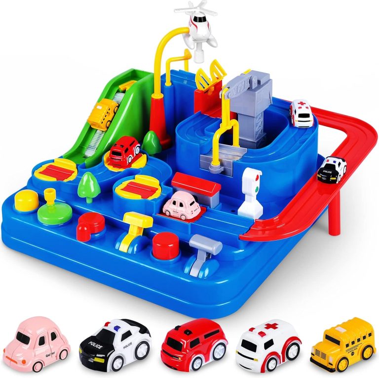 YEZI Car Adventure Toys for Kids, City Rescue Playsets Magnet Toys w/ 5 Mini Cars, Puzzle Rail Car, Preschool Educational Car Games Gift for 3 4 5 6 7 Year Old Boys Girls (Blue)