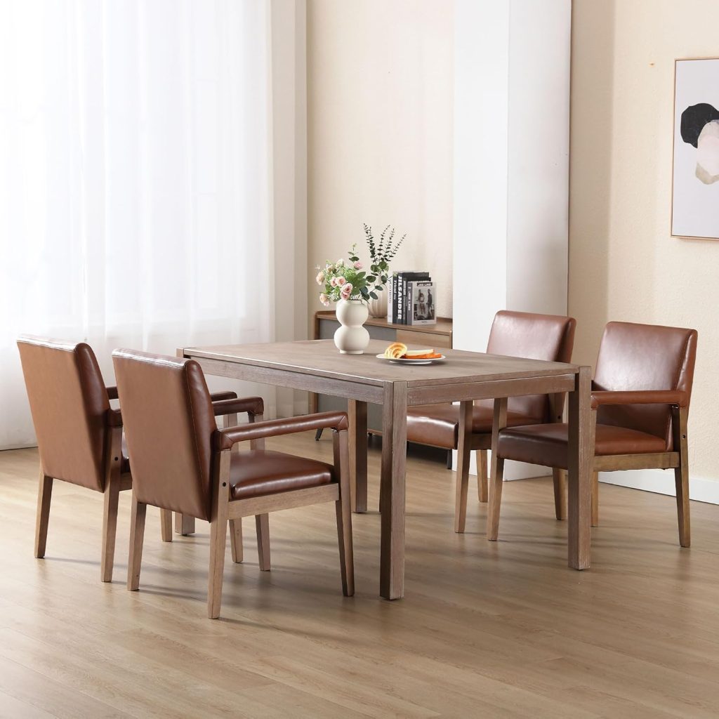 Mid Century Modern Dining Chairs Set of 4 Faux Leather Upholstered Accent Chairs Comfy Kitchen Chairs with Solid Wood Frame Armchair for Living Room, Brown Mid Century Modern Dining Chairs Set of 4 Faux Leather Upholstered Accent Chairs Comfy Kitchen Chairs with Solid Wood Frame Armchair for Living Room, Brown