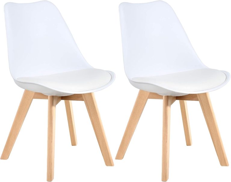 LSSBOUGHT Mid Century Modern Dining Chairs, Shell Lounge Plastic Desk Chair Side Chair with Soft Padded and Wooden Legs for Dining Room Living Room Bedroom Kitchen Set of 2 (White)