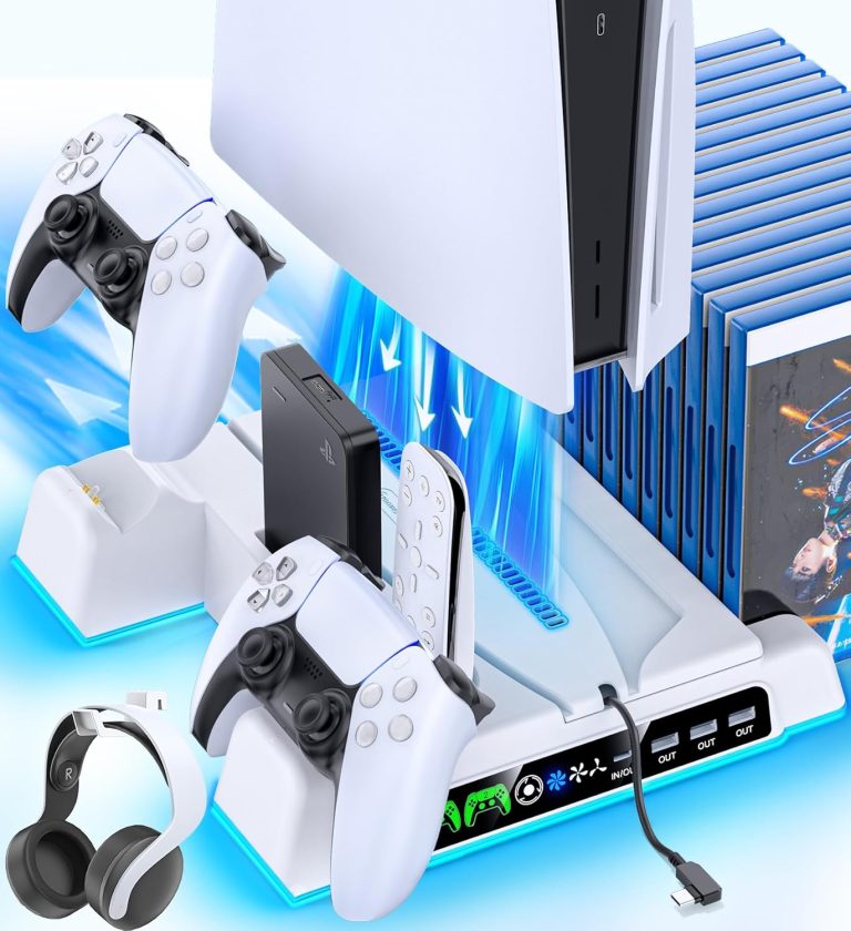 PS5/ PS5 Slim Stand for Disc & Digital Console, PS5 Cooling Station with Dual Controller Charging Station for PlayStation 5 Console, 3-Level Fan PS5/Slim Controller Charger Accessories Stand