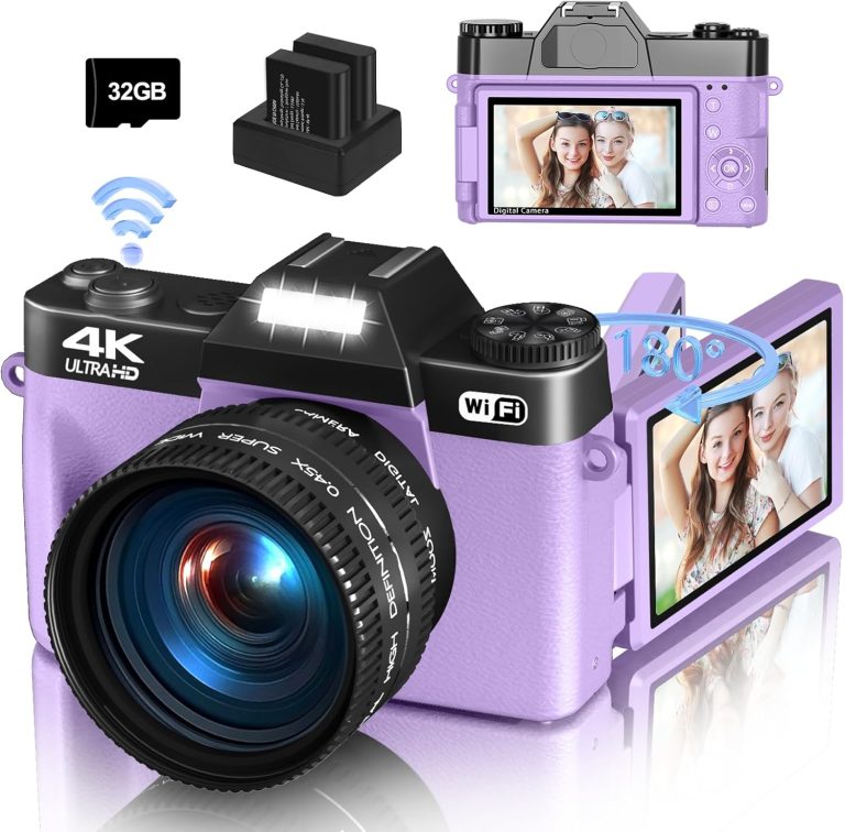 4K Digital Camera for Photography & Vlogging, 56MP YouTube Camera with WiFi, 3″ 180° Flip Screen, 16X Digital Zoom, 52mm Wide Angle & Macro Lens, 32GB TF Card, 2 Batteries – Purple