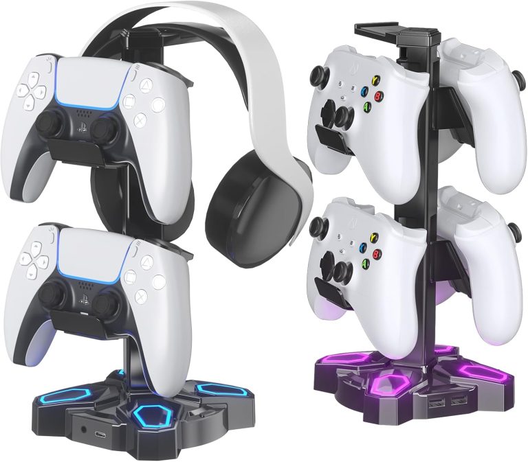 KDD Gaming Headphones Stand, Rotatable Headset Stand with Light Modes – Controller Holder with 2 USB Charging Ports and 3.5mm – Earphone Hanger Accessories for Desktop Gamer(Black)