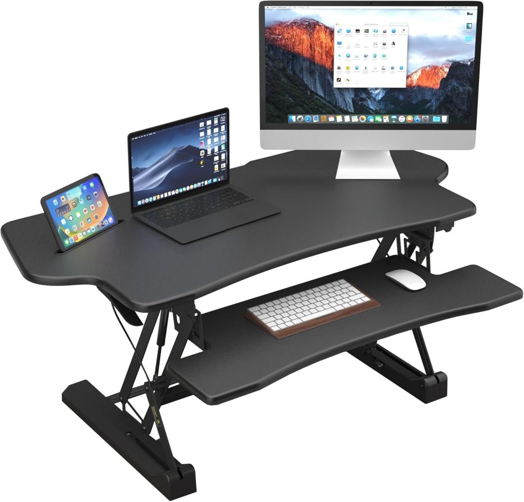 Mount-It! Height Adjustable Standing Desk Converter, Extra Large 48” Wide Tabletop for Dual Monitors, Stand Up Desk Riser to 19.5″ Tall, Gas Spring Raising Desk Computer Workstation Convertor in Black Mount-It! Height Adjustable Standing Desk Converter, Extra Large 48” Wide Tabletop for Dual Monitors, Stand Up Desk Riser to 19.5″ Tall, Gas Spring Raising Desk Computer Workstation Convertor in Black
