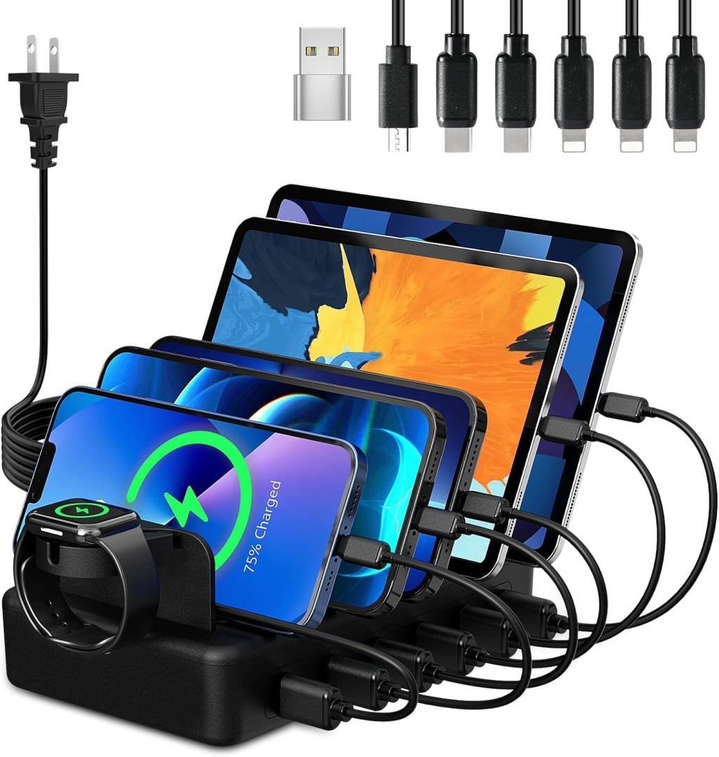 Charging Station for Multiple Devices, CREATIVE DESIGN 50W 6 Ports USB Charger Station with Apple Watch Holder & 6 Cables, Charging Dock for iPad Cellphone Kindle Tablet and Other Electronic (Black) Charging Station for Multiple Devices, CREATIVE DESIGN 50W 6 Ports USB Charger Station with Apple Watch Holder & 6 Cables, Charging Dock for iPad Cellphone Kindle Tablet and Other Electronic (Black)