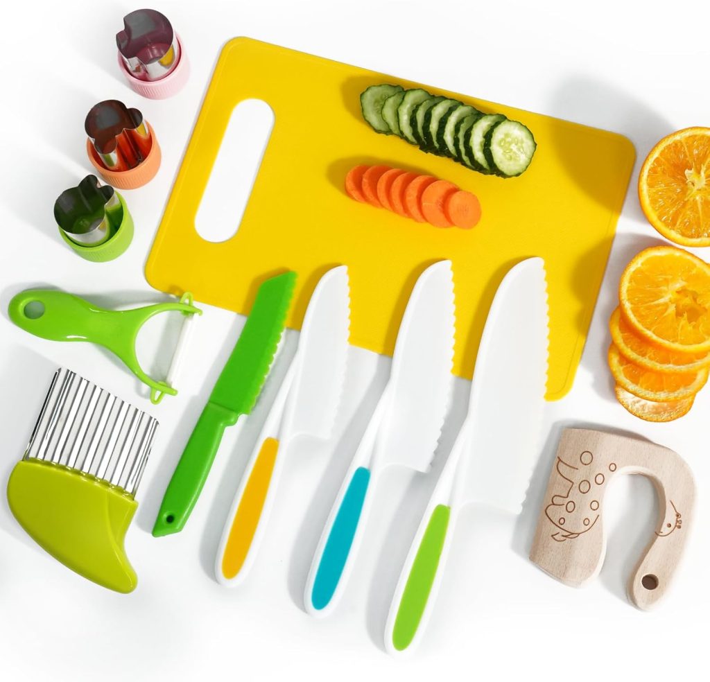Kids Kitchen Knife Set, 11 Pcs Montessori Kitchen Tools for Toddlers’ Real Cooking, Include Kid Knives, Crinkle Cutter, Sandwich Cutters, Peeler, Cutting Board for Birthday Kids Kitchen Knife Set, 11 Pcs Montessori Kitchen Tools for Toddlers’ Real Cooking, Include Kid Knives, Crinkle Cutter, Sandwich Cutters, Peeler, Cutting Board for Birthday