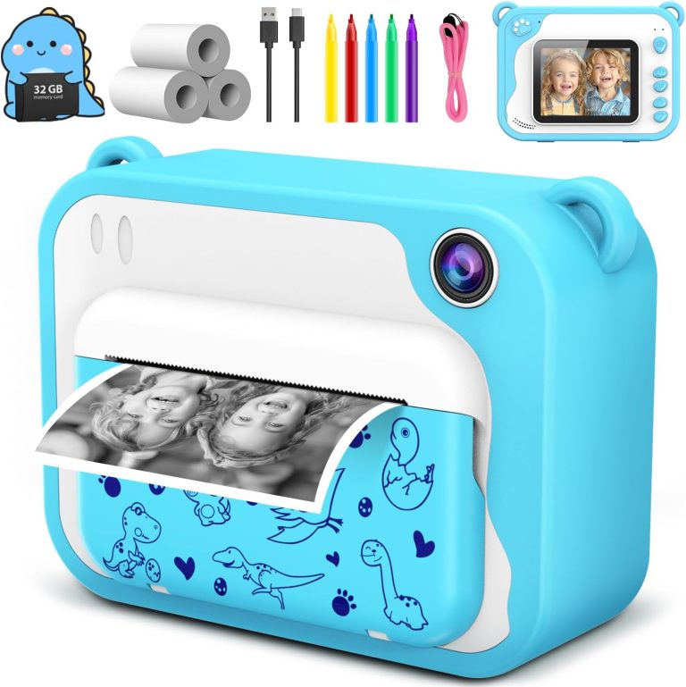 Kids Camera Instant Print 1080p Instant Camera for Kids Aged 3-12 Ink Free Printing Dinosaur Toddler Camera Christmas Birthday Gifts for Boys Girls 3 4 5 6 9 8 9 10 11 12 Years Old (Blue)