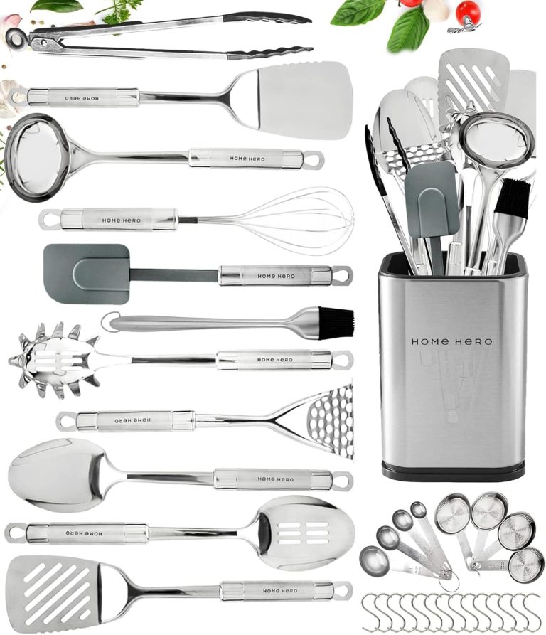 Home Hero 32 Pcs Stainless Steel Kitchen Utensils Set – Nonstick Stainless Steel Cooking Utensils Set – Heat Resistant Kitchen Essentials & Metal Kitchen Gadgets (32 Pcs)