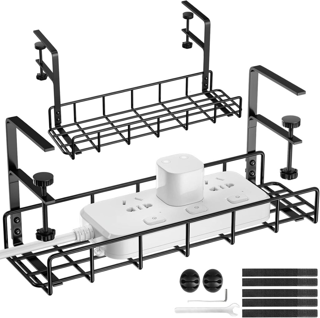 Under Desk Cable Management Tray -2 Pack, Upgraded Long Clamp, Inward Or Outward,Cord Organizer for Desk,Desk Wire Management,Under Table Cable Management Rack,Desk Cable Organizer,Fits Most Table Under Desk Cable Management Tray -2 Pack, Upgraded Long Clamp, Inward Or Outward,Cord Organizer for Desk,Desk Wire Management,Under Table Cable Management Rack,Desk Cable Organizer,Fits Most Table