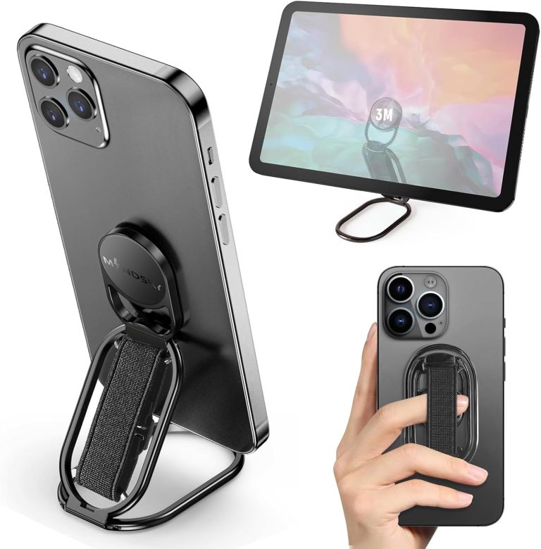 [2024 Newest] Mindsky Phone Grip for Kickstand Compatible with Finger Loop, 3-in-1 Phone Ring Holder Strap for All Mobile Phones-Black (Ligament Type)