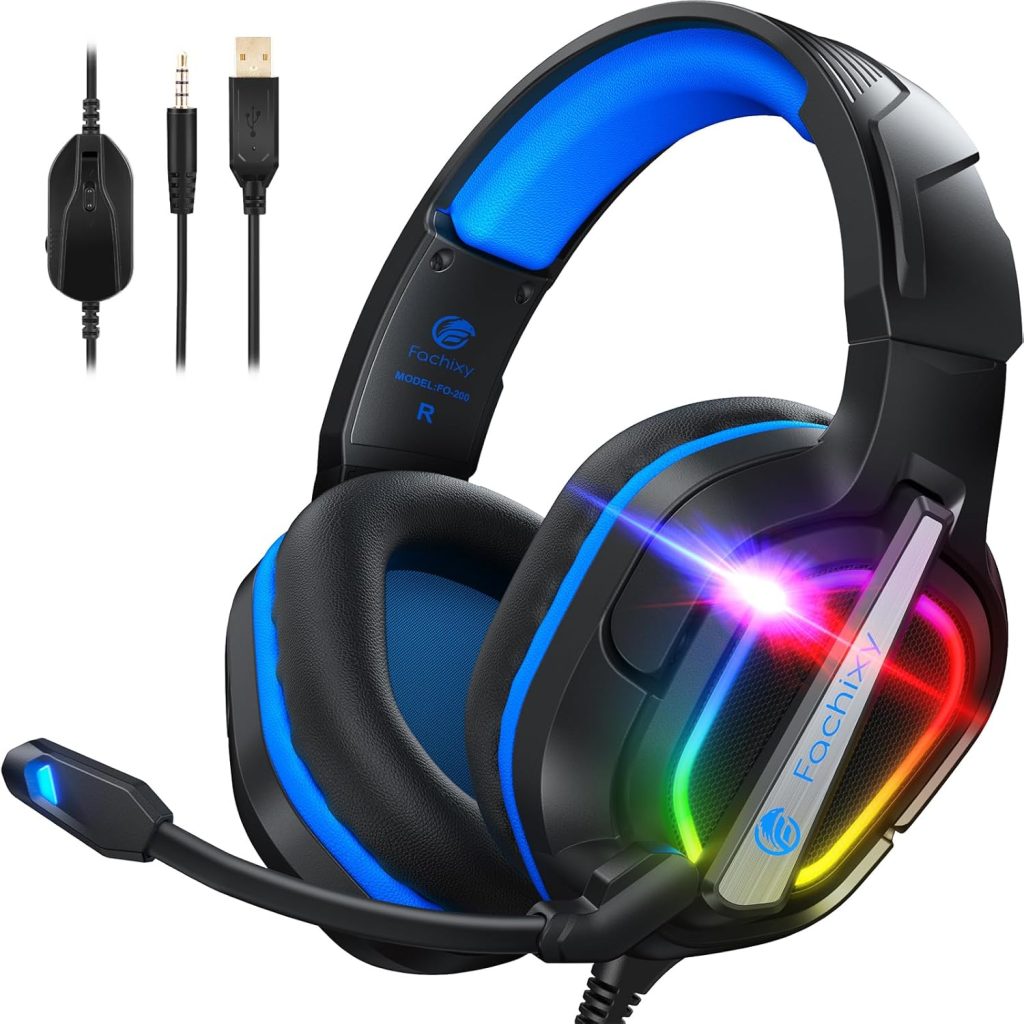 Fachixy「2024 New」FC200 Gaming Headset with Mic for PS4/PS5/PC/Mac/Xbox One, Noise Canceling Headset with Stereo Microphone Sound, Computer Headset with 3.5mm Jack & RGB Light Fachixy「2024 New」FC200 Gaming Headset with Mic for PS4/PS5/PC/Mac/Xbox One, Noise Canceling Headset with Stereo Microphone Sound, Computer Headset with 3.5mm Jack & RGB Light