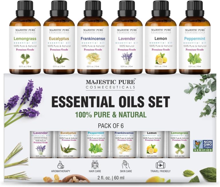 Majestic Pure 100% Pure Essential Oils Set – 6 x 10ml (Peppermint, Lavender, Eucalyptus, Tea Tree, Lemongrass) For Diffusers, Aromatherapy, Candles, Humidifiers