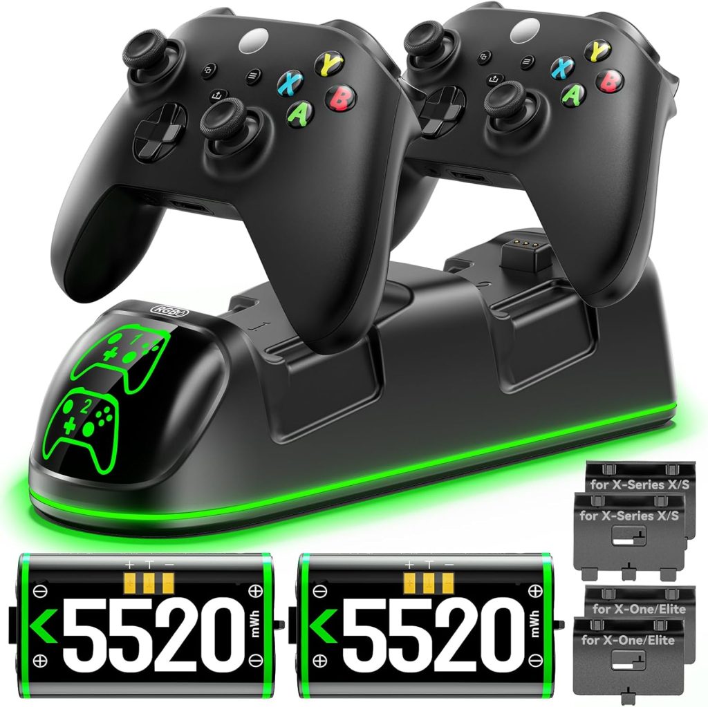 Controller Charger Station with 2 x 5520 mWh Rechargeable Battery Packs & RGB Modes for Xbox Series/One x/s & Elite Controller, Charging Station Dock for Xbox Series X & S Protectors with 4 Covers Controller Charger Station with 2 x 5520 mWh Rechargeable Battery Packs & RGB Modes for Xbox Series/One x/s & Elite Controller, Charging Station Dock for Xbox Series X & S Protectors with 4 Covers
