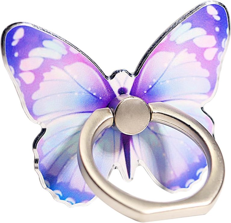 Butterfly Cell Phone Ring Stand Holder, Cute Butterfly Pattern Painted Metal Finger Stand Kickstand 360°Rotation Phone Ring Holder Stand Ring Hand Grip with Knob Loop(Purple)