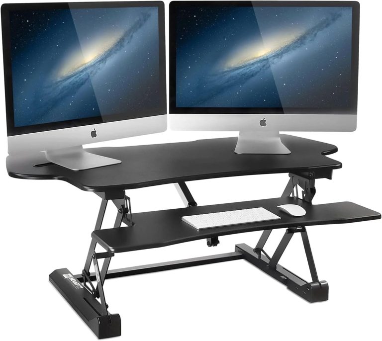 Mount-It! 48″ Electric Standing Desk Converter, Large Adjustable Sit-to-Stand Riser to 19″ for Dual Monitors, Motorized Height Adjustable Workstation with Keyboard Tray for Home Office, Black