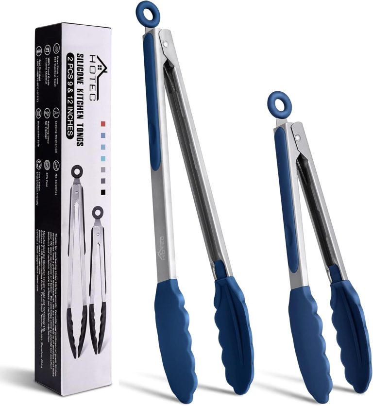 HOTEC Premium Stainless Steel Locking Kitchen Tongs with Silicon Tips, Set of 2-9″ and 12″, Classic Blue