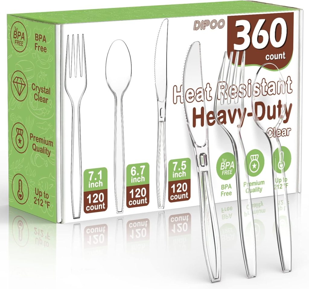 360 Count Plastic Silver Ware Heavy Duty, 120 Forks, 120 Spoons, 120 Knives, Heat Resistant & BPA Free Disposable SilverWare, Disposable Cutlery set, Premium Clear Utencils for Party Supply 360 Count Plastic Silver Ware Heavy Duty, 120 Forks, 120 Spoons, 120 Knives, Heat Resistant & BPA Free Disposable SilverWare, Disposable Cutlery set, Premium Clear Utencils for Party Supply