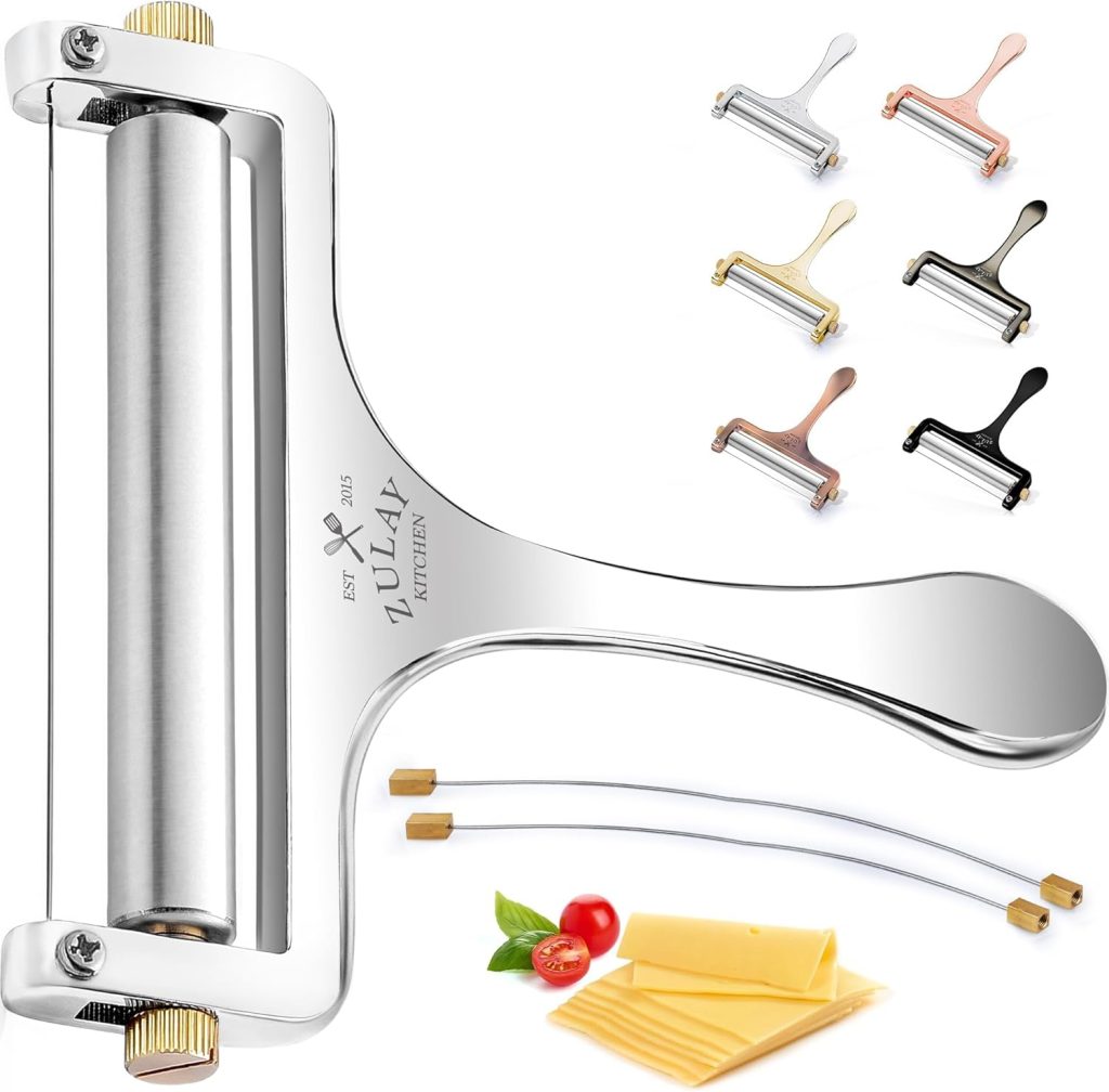 Zulay Kitchen Stainless Steel Wire Cheese Slicer – Adjustable Hand Held Cheese Cutter with 2 Extra Wires – Premium Cheese Shaver for Mozzarella, Cheddar, Gruyere – Cheese Cutter with Wire (Silver) Zulay Kitchen Stainless Steel Wire Cheese Slicer – Adjustable Hand Held Cheese Cutter with 2 Extra Wires – Premium Cheese Shaver for Mozzarella, Cheddar, Gruyere – Cheese Cutter with Wire (Silver)