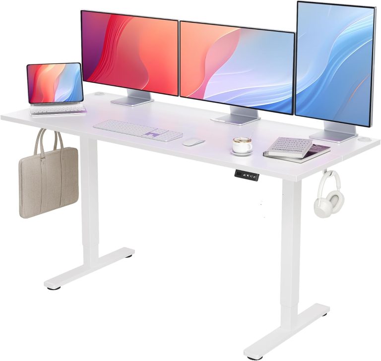 Seang Electric Standing Desk with Adjustable Height, 63×24 Inch Stand Up Desk, Sit Stand Desk with Splice Board for Home Office Computer Workstation, White Frame/White Top