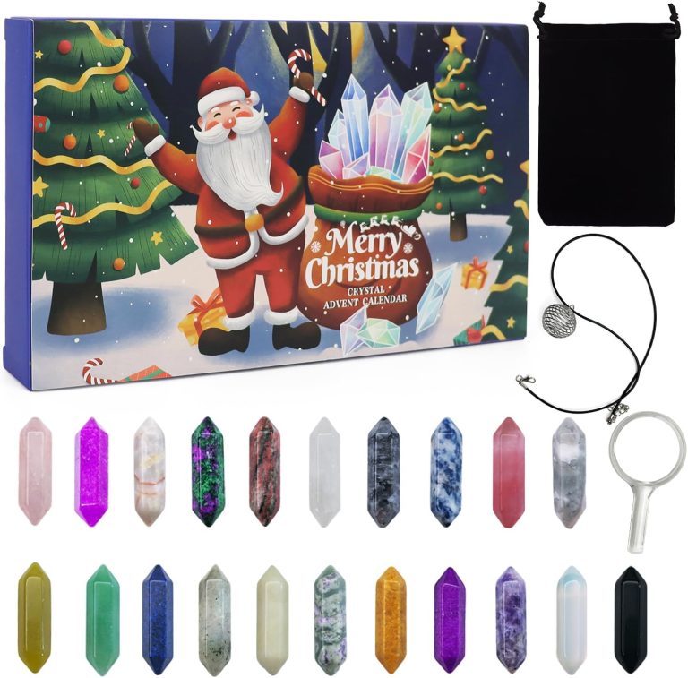 Christmas Crystal Advent Calendar 2024 – Healing Stones Kit with Crystal Necklace Holder, Magnifier, and Storage Bag, Holiday Gift for Kids and Adults, 24 Boxes Gemstone Countdown Calendar to Christmas Family Toys Gift