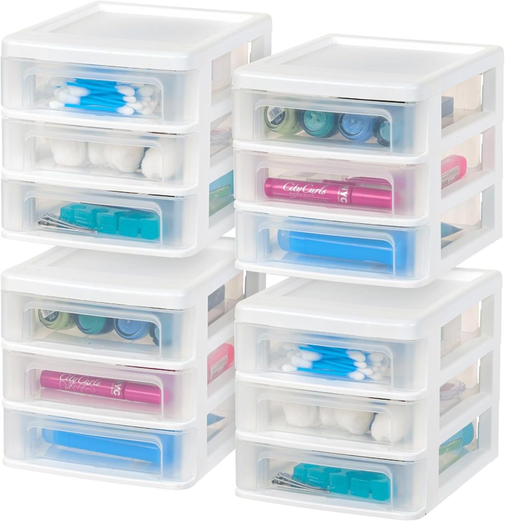 IRIS USA Plastic Stacking Desk Top 3-Drawer Storage Organizer, 4-Pack, for Makep Vanity Nail Polish Bathroom Stationery Art Craft Supplies Kitchen Office Garage and Small Organization, Small, White IRIS USA Plastic Stacking Desk Top 3-Drawer Storage Organizer, 4-Pack, for Makep Vanity Nail Polish Bathroom Stationery Art Craft Supplies Kitchen Office Garage and Small Organization, Small, White