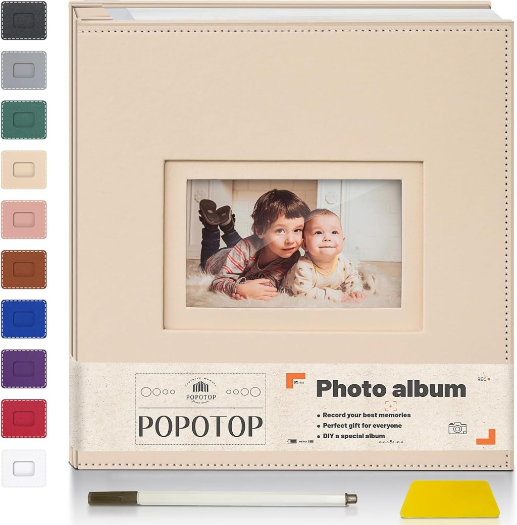 Popotop Photo Album Self Adhesive Scrapbook for 4×6 5×7 8×10 photos for Wedding Gifts & Baby Book, Leather Hardcover DIY Memory Book for Anniversary Family with Postcard, with A Scraper & Metallic Pen Popotop Photo Album Self Adhesive Scrapbook for 4×6 5×7 8×10 photos for Wedding Gifts & Baby Book, Leather Hardcover DIY Memory Book for Anniversary Family with Postcard, with A Scraper & Metallic Pen