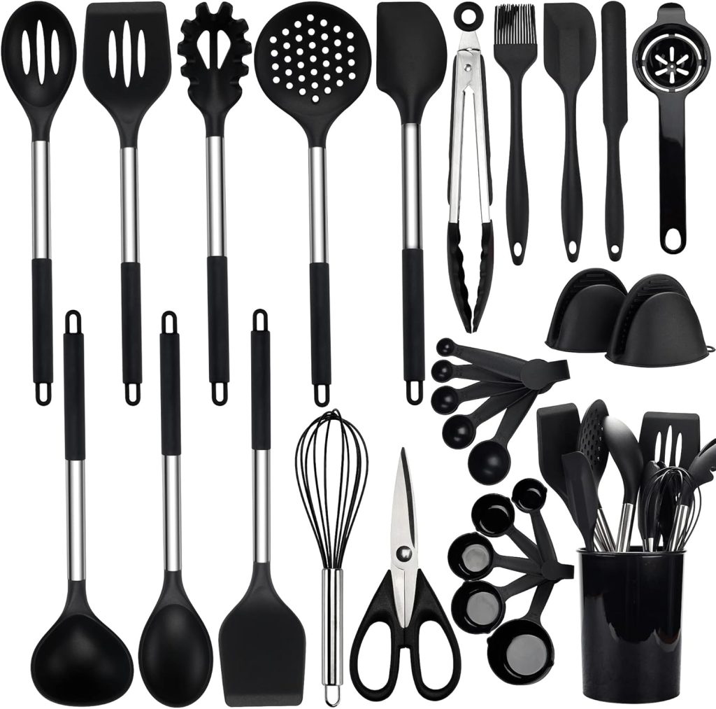 Kitchen Utensils Set, NCUE 28 Pcs Silicone Cooking Utensils Set with Holder, Spatula Set, Silicone Whisk, Scissors, Measuring Cups and Spoons Set with Stainless Steel Handle Kitchen Gadgets (Black) Kitchen Utensils Set, NCUE 28 Pcs Silicone Cooking Utensils Set with Holder, Spatula Set, Silicone Whisk, Scissors, Measuring Cups and Spoons Set with Stainless Steel Handle Kitchen Gadgets (Black)
