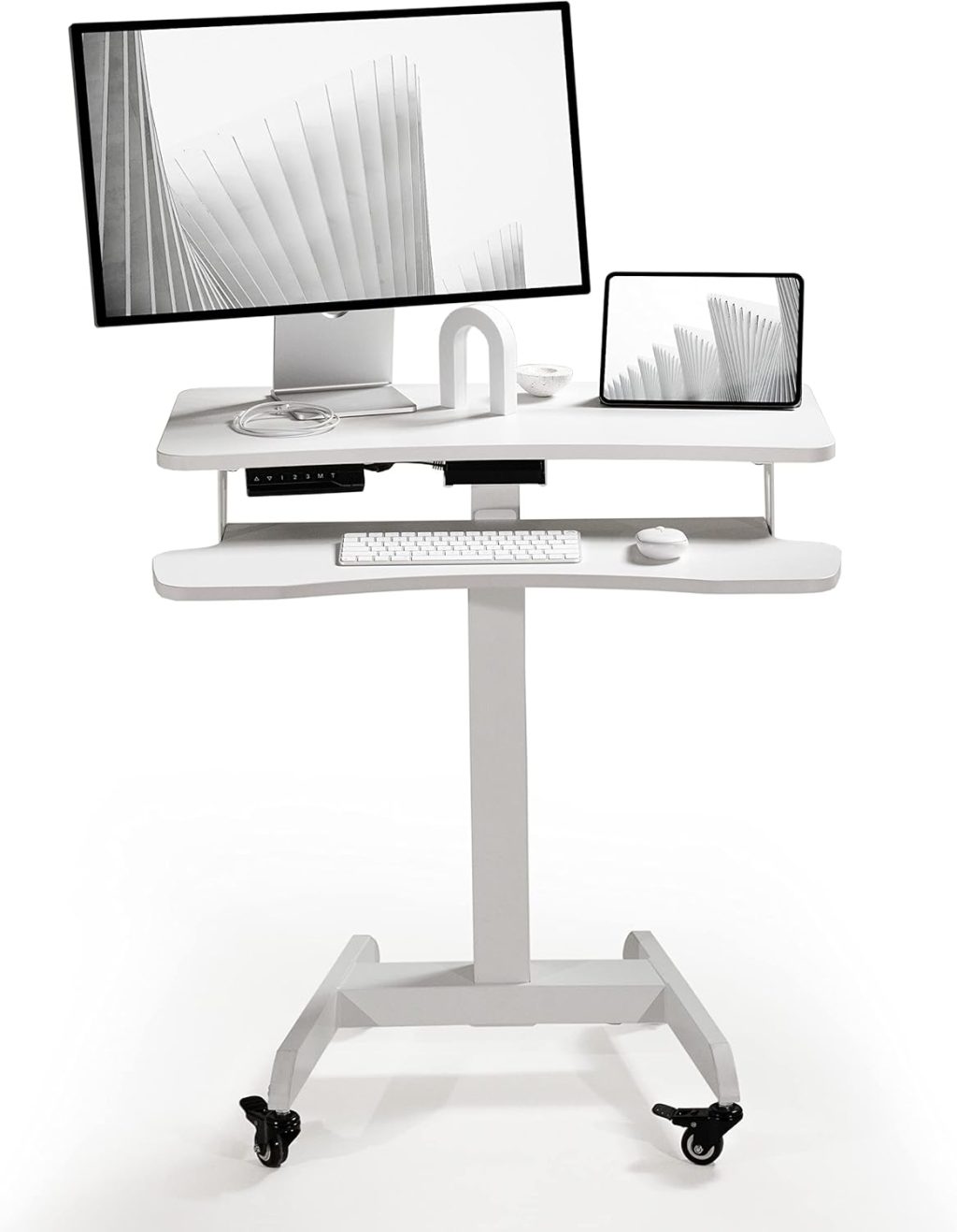 Mobile Desk Workstation with Electric Standing Desk, Keyboard Tray, Height Adjustable Computer Stand – Small Space Standing Desk on Wheels, Mobile Standing Desk Adjustable Height, White Mobile Desk Workstation with Electric Standing Desk, Keyboard Tray, Height Adjustable Computer Stand – Small Space Standing Desk on Wheels, Mobile Standing Desk Adjustable Height, White