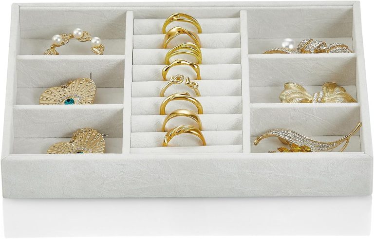 Vlando 6 Grids & Rings Slot Jewelry Tray, Small Jewelry Organizer for Drawer, Stackable Jewelry Organizer Trays, Drawer Jewelry Organizer, Soft Lining DIY Combinations Tray – White