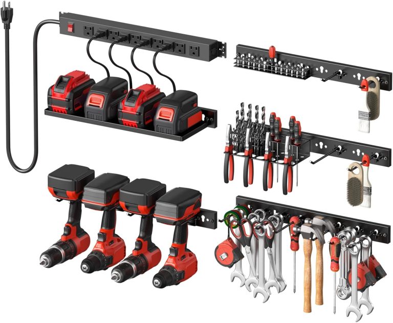 CCCEI 5PCS Individual Pegboard Strip with Power Outlet. Garage All Metal Wall Mount Mini Black Peg Board Set, for Drill and Tools Battery Holder Kit, Cleaning Supplies Cabinet Organizer. Gift for Men
